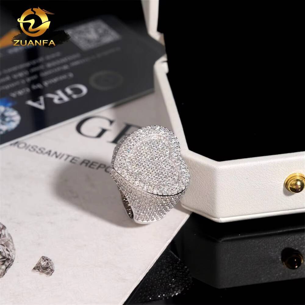 GRA Certificate 925 Silver Stock Heart Shape Fine Hip Hop VVS Moissanite Jewelry Diamond Iced Out Jewelry Ring for Men