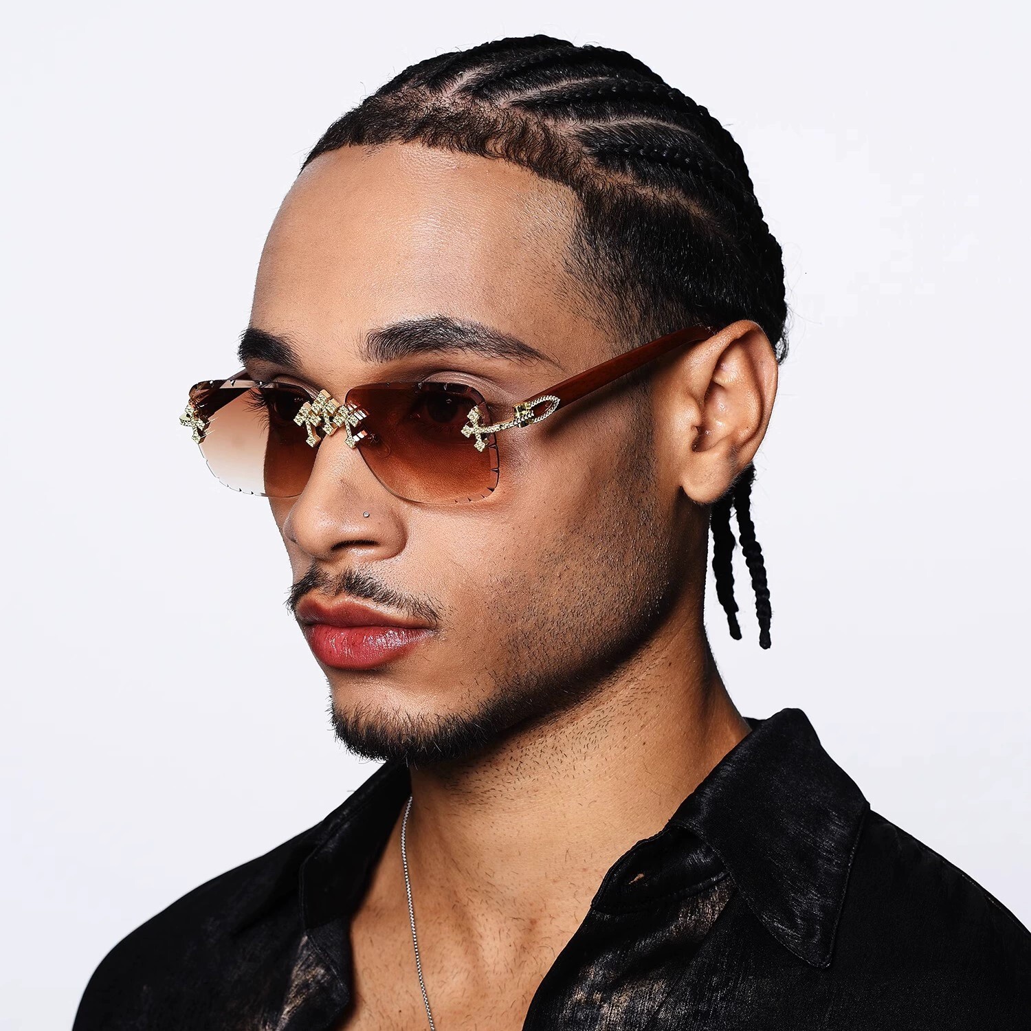 2026 New Designers' Full-diamond Cross Frameless Sun Glasses - Old-fashioned Money Style Eyeglasses - Outdoor Beach Wood Grain Texture Frame Legs