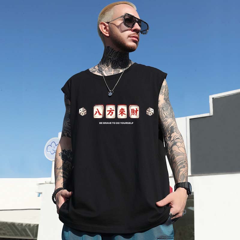 Spring Men's Basketball Athletic Tank Tops | Loose Plus Size Outerwear Base Layer Tees INS Hong Kong Style Mahjong Print Sleeveless Vests