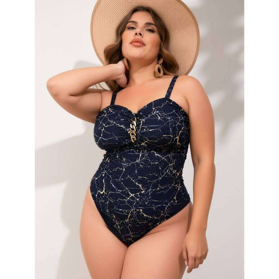 Plus Size Swimsuit Marble Print One Piece Bathing Suit With Gold Accent, Tummy Control, Stylish Beachwear For Women - Comfortable & Flattering Fit
