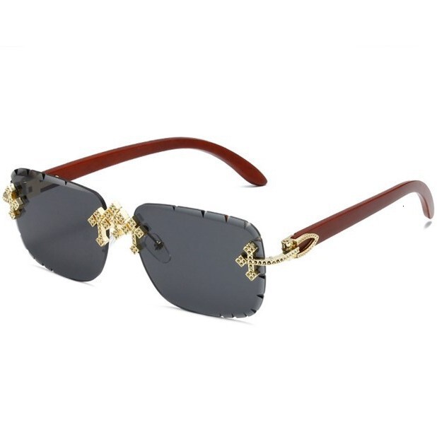 2026 New Designers' Full-diamond Cross Frameless Sun Glasses - Old-fashioned Money Style Eyeglasses - Outdoor Beach Wood Grain Texture Frame Legs