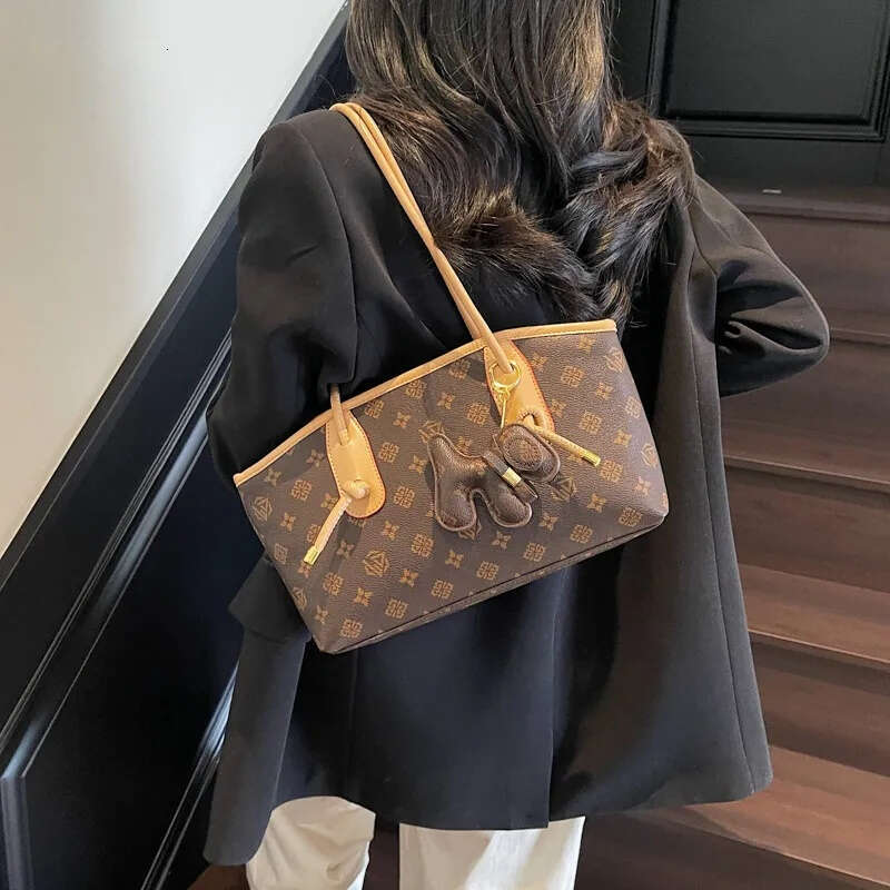 New Luxury Monogram Tote Bag for Women, Vintage Printed Designer Handbag with Dog Charm, High-End Casual Shoulder Crossbody Bag