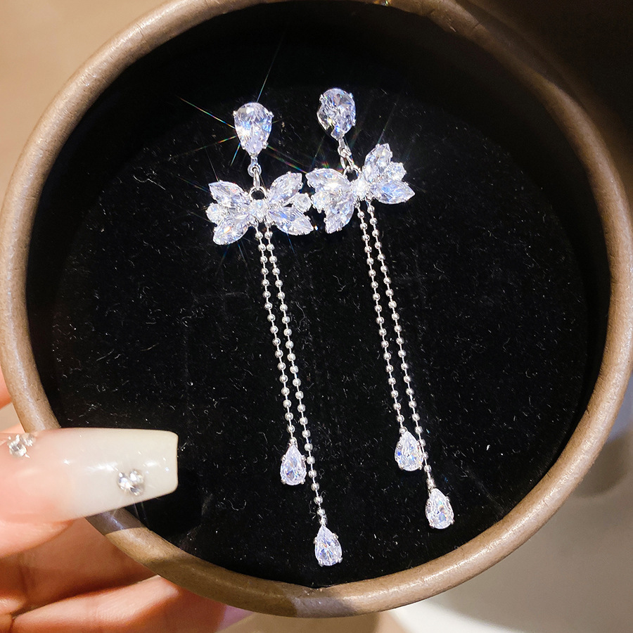 Silver Needle European American Style Sparkling Zircon Butterfly Tassel Luxurious and Sophisticated Stud Earrings, Popular Versatile Elegant Dangle Ea - view 7