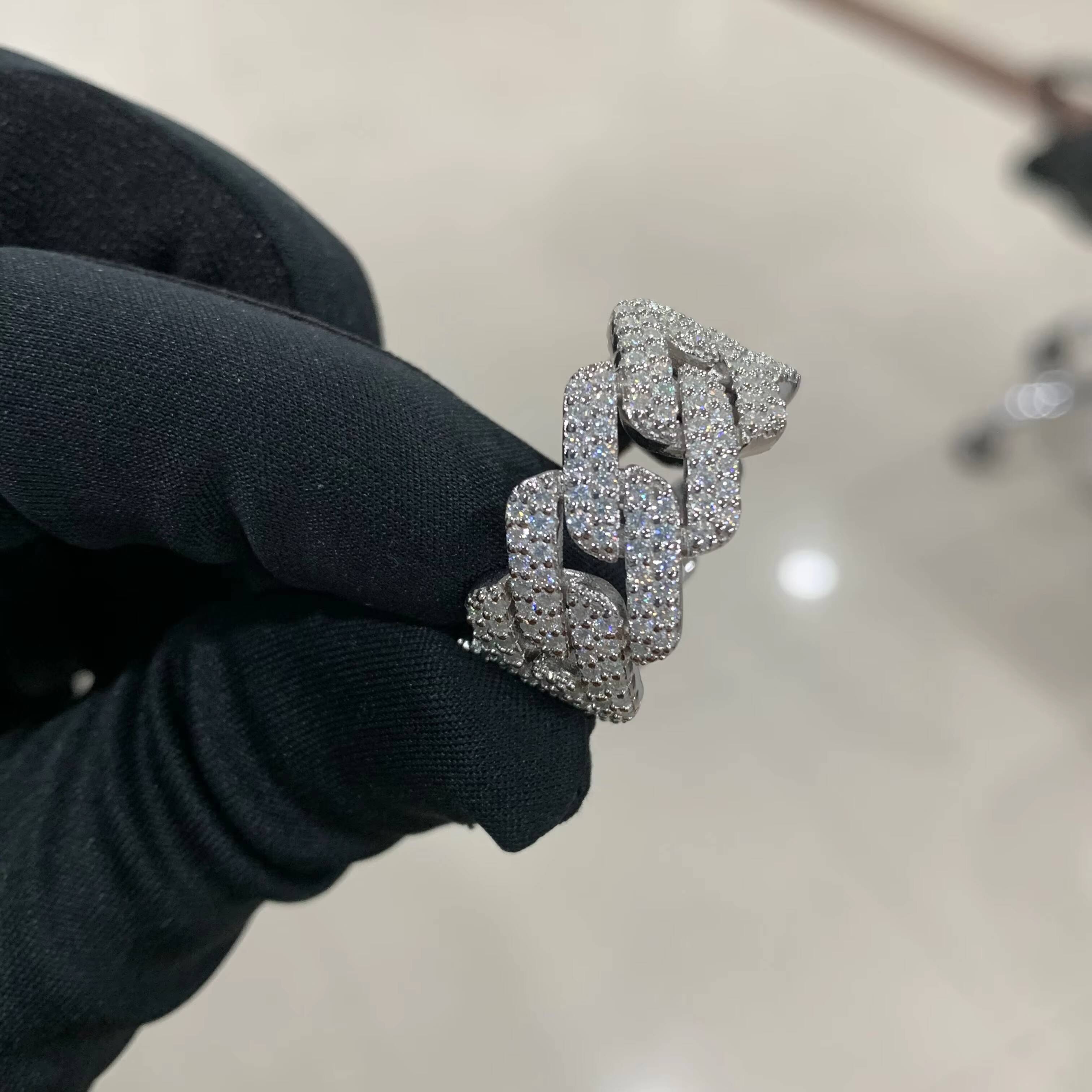 Fine Jewelry Iced Out Hip Hop Cuban Link Ring 925 Sterling Silver VVS Moissanite Diamond Finger Band Moissanite Ring for Men