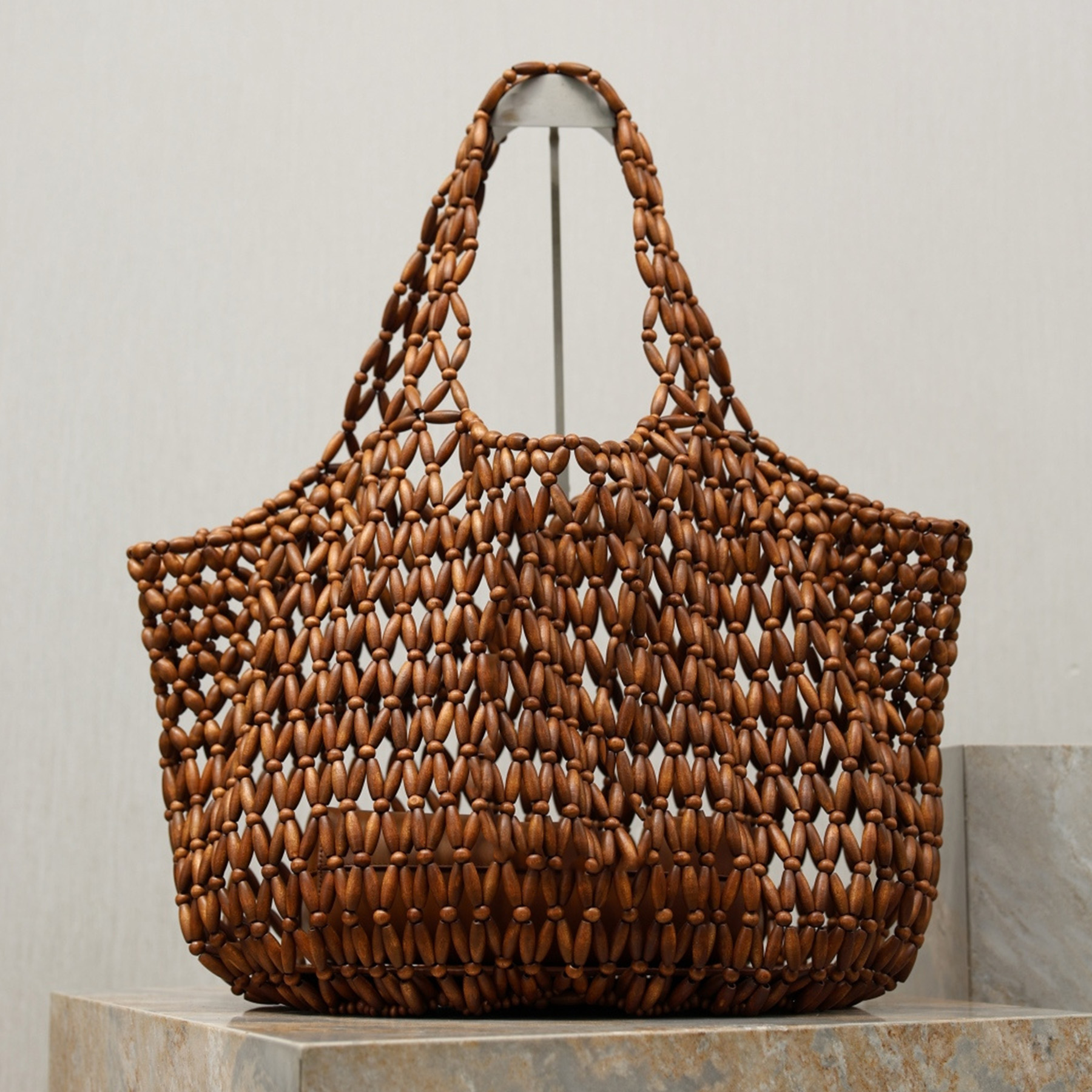New 2026 Icare In Wood Beads Shoulder Bag Luxury Designer Genuine Leather Golden Hardware Tote Bag Removable Zipper Pouch Handbag Women Casual Shopping Purse 10A