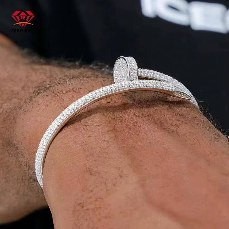 Hip Hop Custom 18K Gold Plated 925 Silver Bangle Lab Diamond VVS Moissanite White Gold Bracelet for Men
