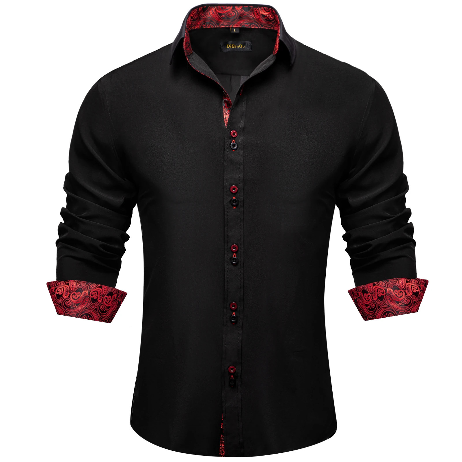 DiBanGu Men Shirt Long Sleeve Black Solid Red Paisley Color Contrast Fashion Dress Shirt for Men Button-down Collar Men Clothing 260413