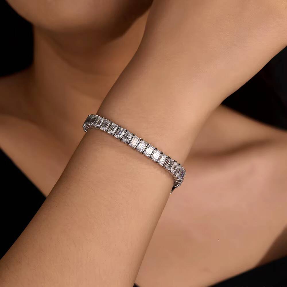 S925 Sterling Silver Bracelet with Emerald and Moissanite Set - Luxury Hip Hop Trendy Tennis Chain - Custom Factory