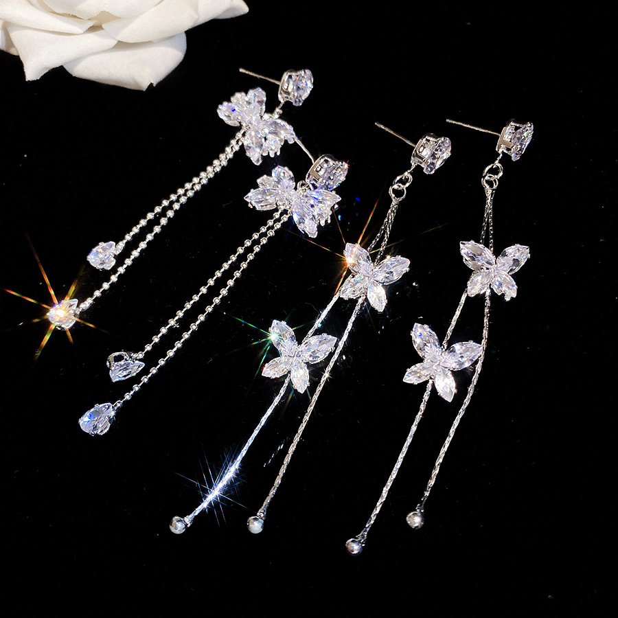 Silver Needle European American Style Sparkling Zircon Butterfly Tassel Luxurious and Sophisticated Stud Earrings, Popular Versatile Elegant Dangle Ea - view 5