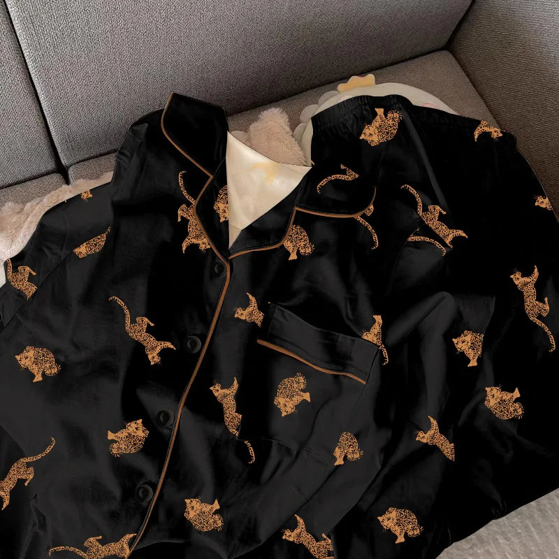Black Leopard Print Women's Pajama Set, Acrylic Long Sleeve Top and Relaxed Slim Fit Pants, Black Ladies Sleepwear - view 5