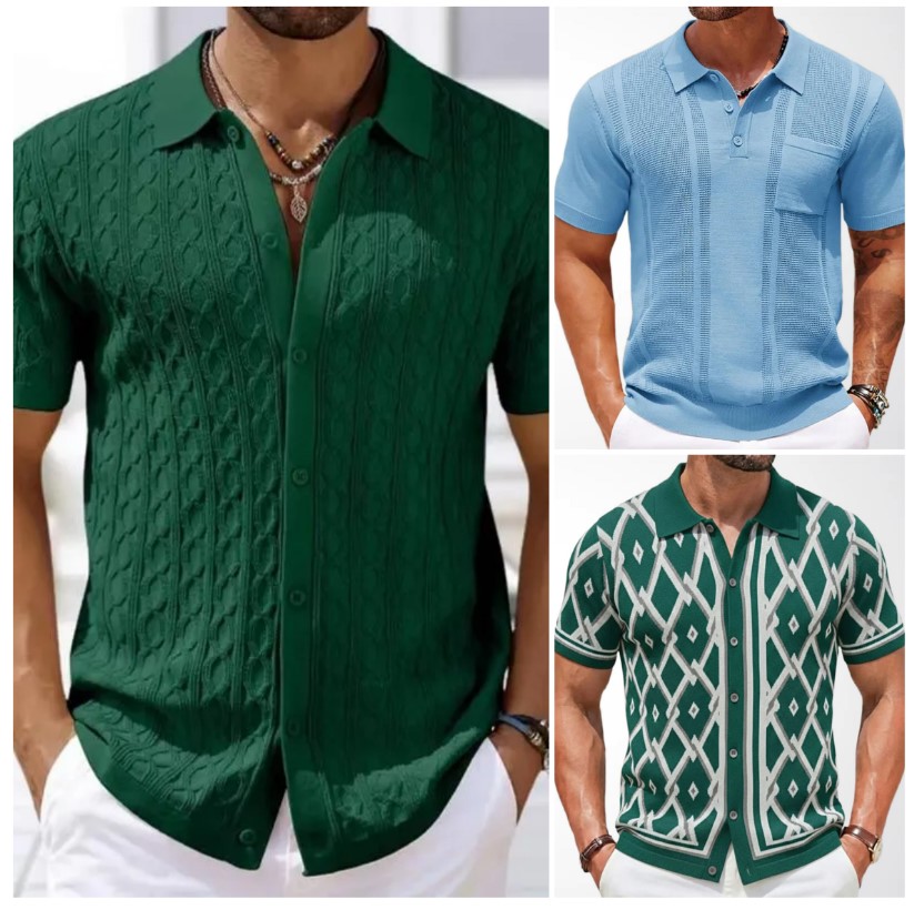 Men's Polos Spring Summer Knit Polo Shirt Men Casual Turn-down Collar Button Solid Geometric Pattern Top Ice Silk Tee Vintage Cardigan