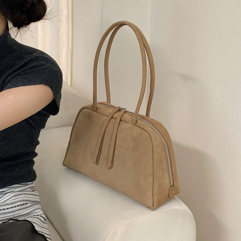 2026 New Minimalist Suede Shoulder Bag, Frosted Cowhide Bowling Bag, Large Capacity Genuine Leather Underarm Shell Bag For Women SENYY