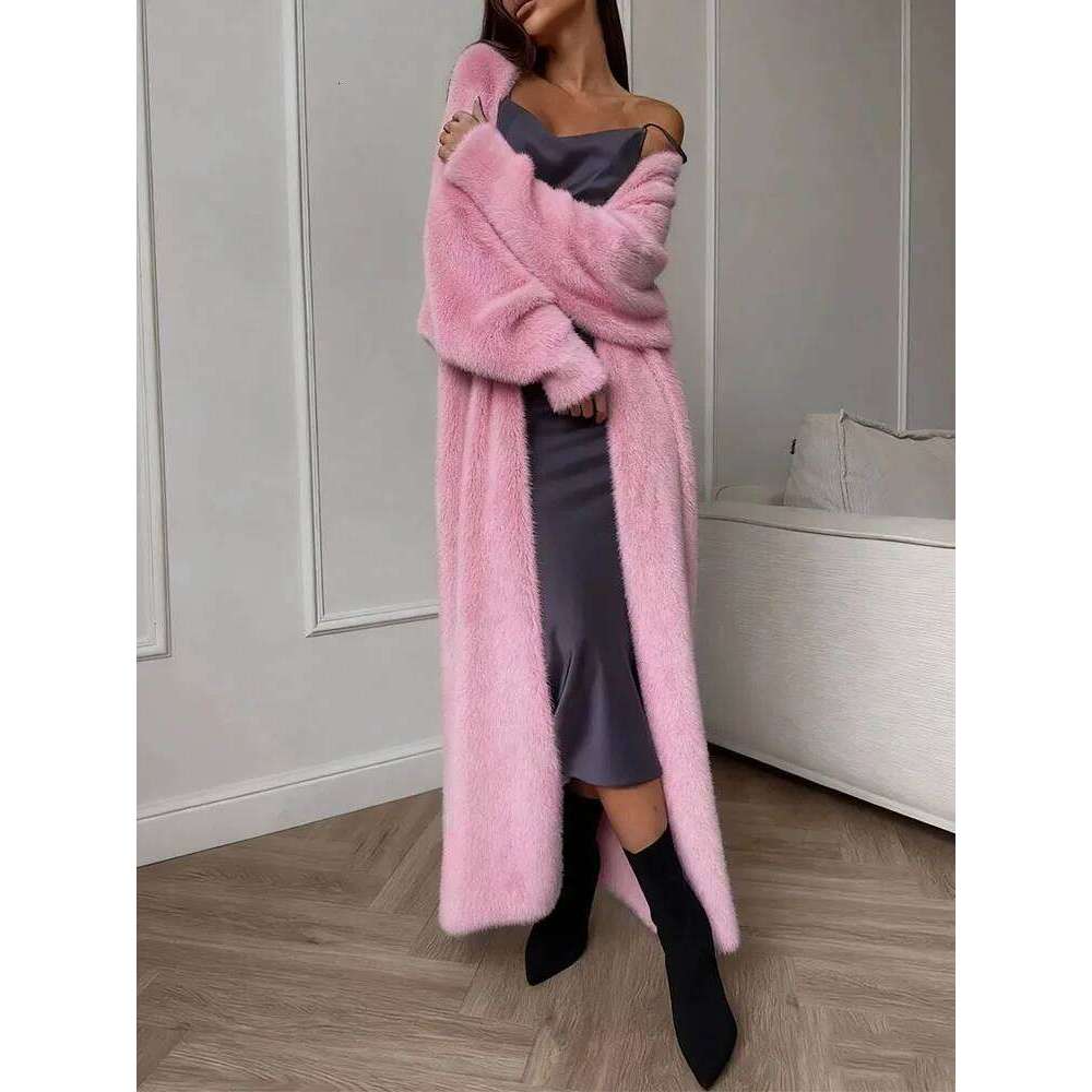 2026 Autumn Winter Women Faux Mink Fur Long Cardigan Loose Plush Fluffy Knitted Coat White Thick Warm Soft Outerwear MAKOUFEI