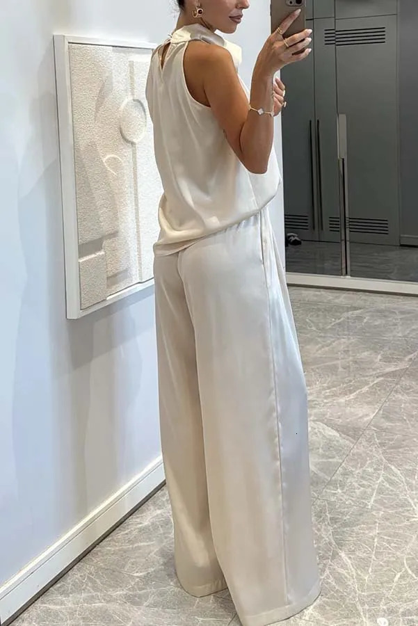 Casual Satin 2 Piece Set Spring Summer Fashion Solid Color Sleeveless Grown-on Collar Top Elastic Waist Wide Leg Pants Suit 260410 - view 7