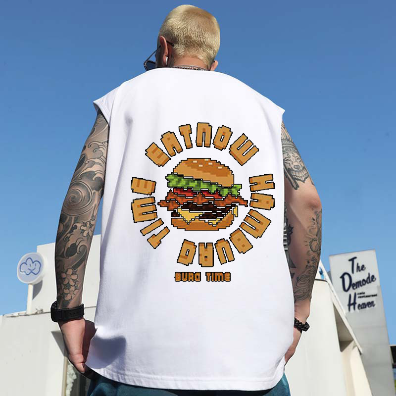 Summer Men's American Street Letter & Burger Print Tank Tops | Trendy Loose Plus Size Athletic Gym Base Layers