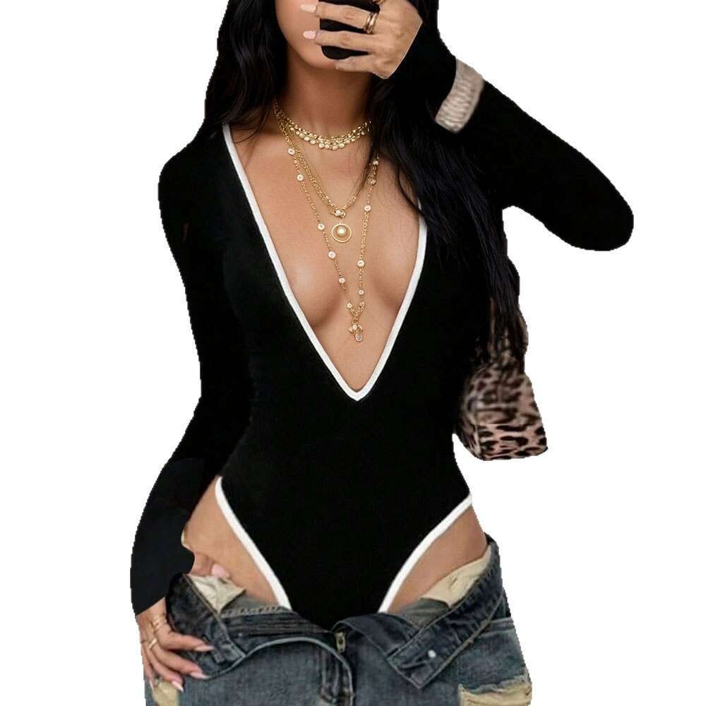 Designer black deep V-neck high stretch jumpsuit, white trimmed tight fitting long sleeved shirt, sexy lingerie