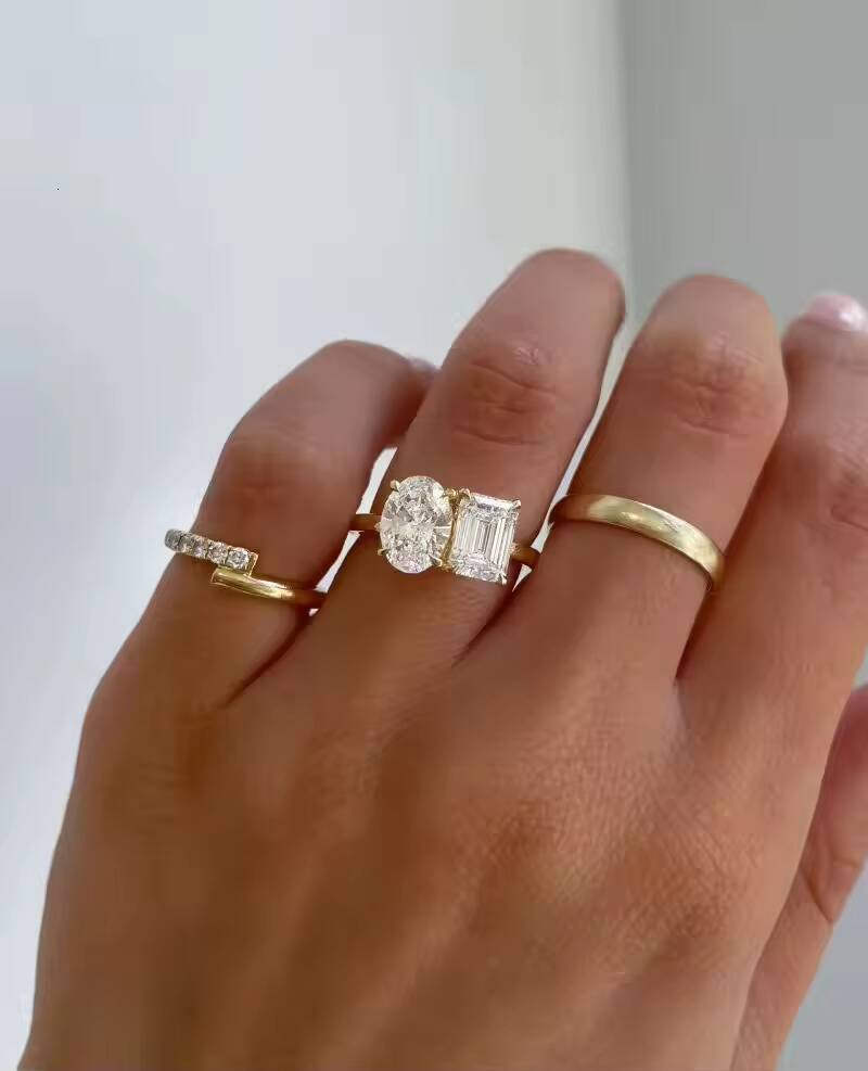MaiYi Luxury Womens 14K Yellow Gold Oval Emerald Cut Lab Grown Diamond IGI Certified Double Main Stone Uniquely Diamond Ring