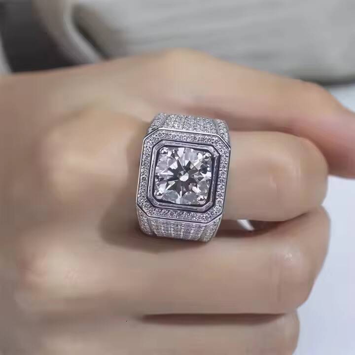 Designer Mens VVS Lab Grown Moissanite Silver Ring Certified IGI India Fully Iced Religious Style Anniversary Wedding Party