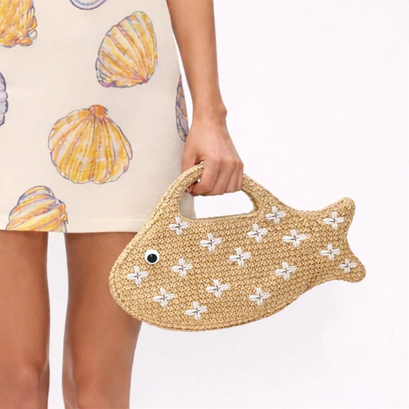 Embroidered Fish Raffia Straw HandbagEvening bag Elegant Woven clutch purseSummer Vintage Beach Vacation Purse for Women 260410