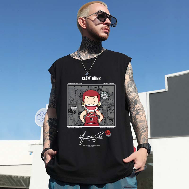 Summer Men's Japanese Style Basketball Print Tank Tops | American Trendy Hip-Hop Plus Size Sleeveless Tees Base Layers