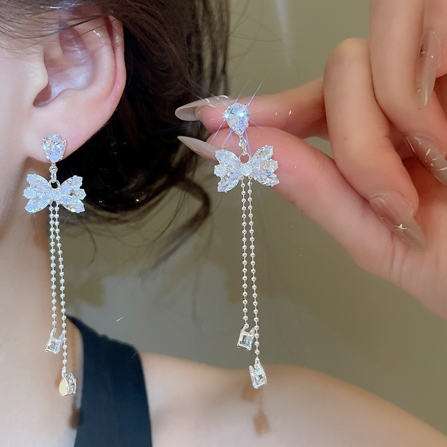 Silver Needle European American Style Sparkling Zircon Butterfly Tassel Luxurious and Sophisticated Stud Earrings, Popular Versatile Elegant Dangle Ea - view 4