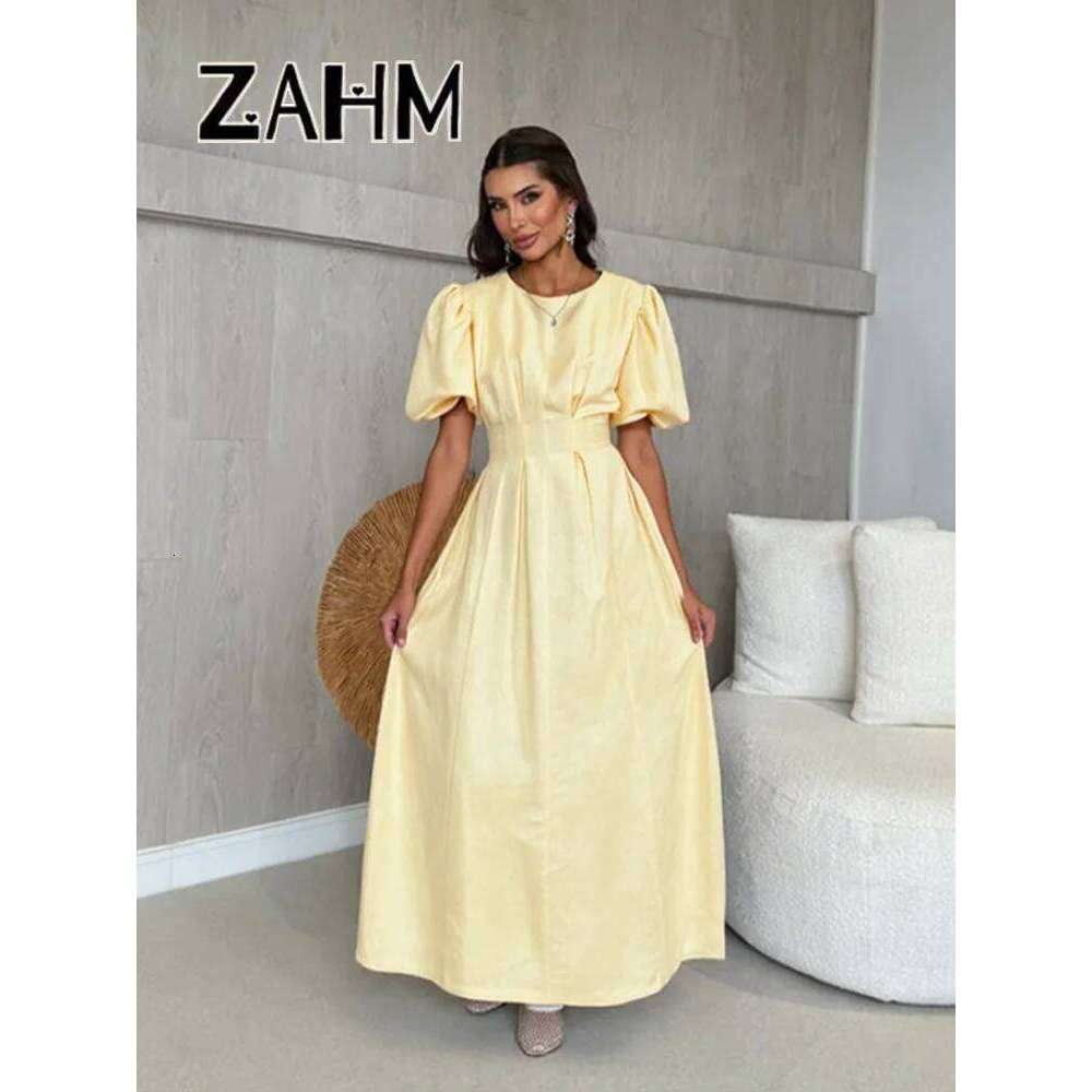 Casual Yellow Short Puff Sleeve Women Dress Loose Solid O-Neck Pleated High Waist Female Maxi Dresses Summer Chic Lady Robe WONST WONST
