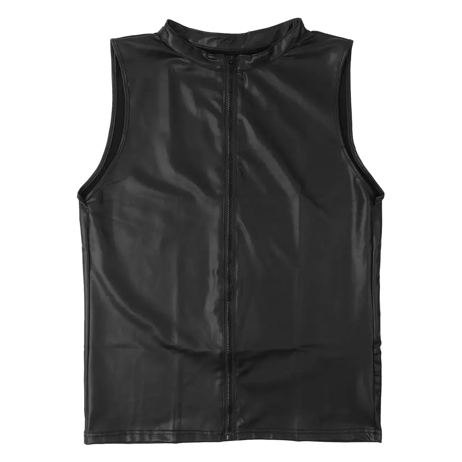 Black Y2K Men's PU Leather Vest Waistcoat with Full Zipper Opening, Outdoor Recreation Jacket - view 3