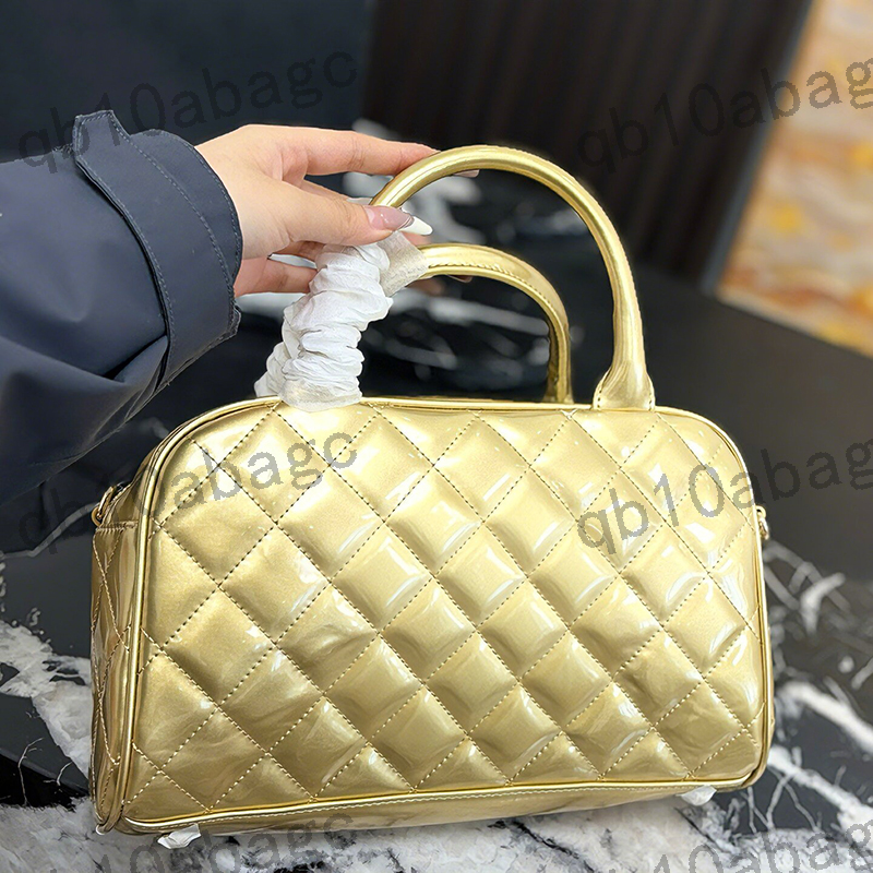 Shiny Patent Leather Retro Bowling Bag Fashion Ladies Luxury Handbag Genuine Leather Checkered Classic Embroidery Large Capacity Shopping Sacoche 9 Colors 30cm