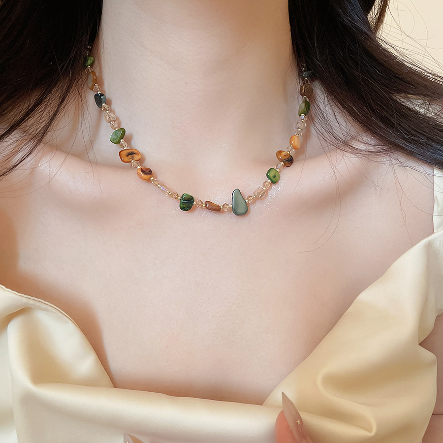 Bohemian green natural shell necklace with unique design, vintage layered collarbone chain, a fresh summer accessory - view 4
