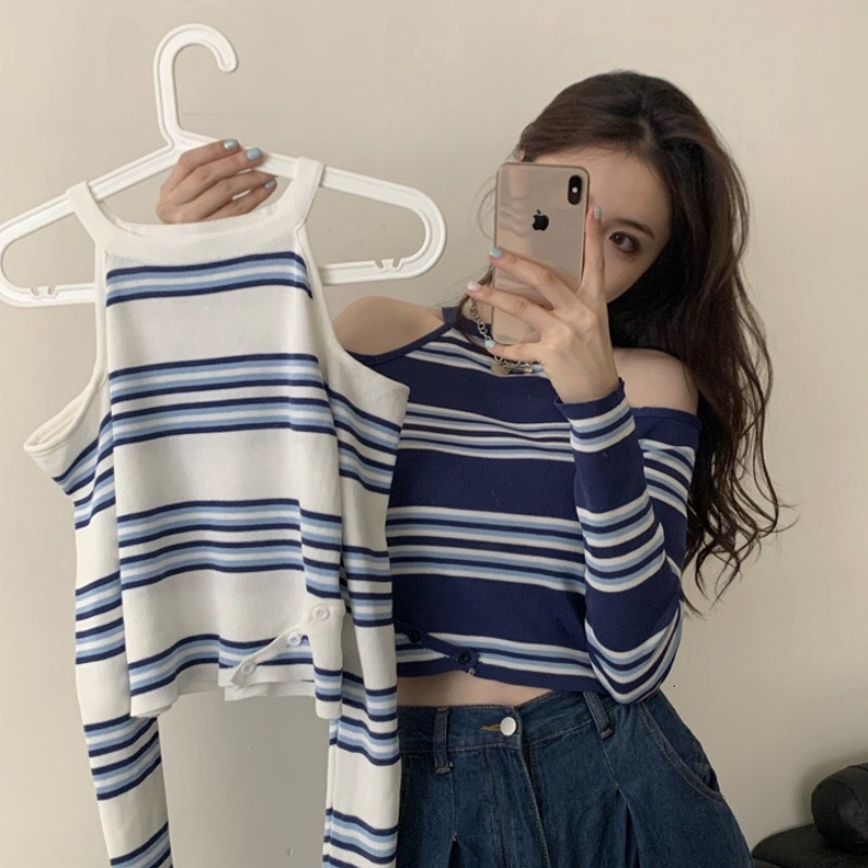 New Spring Collection Women's Knitted Shirt, Internet Famous, Popular, Hanging Neck, Off Shoulder, Striped Long Sleeve, Inner Undercover, Top