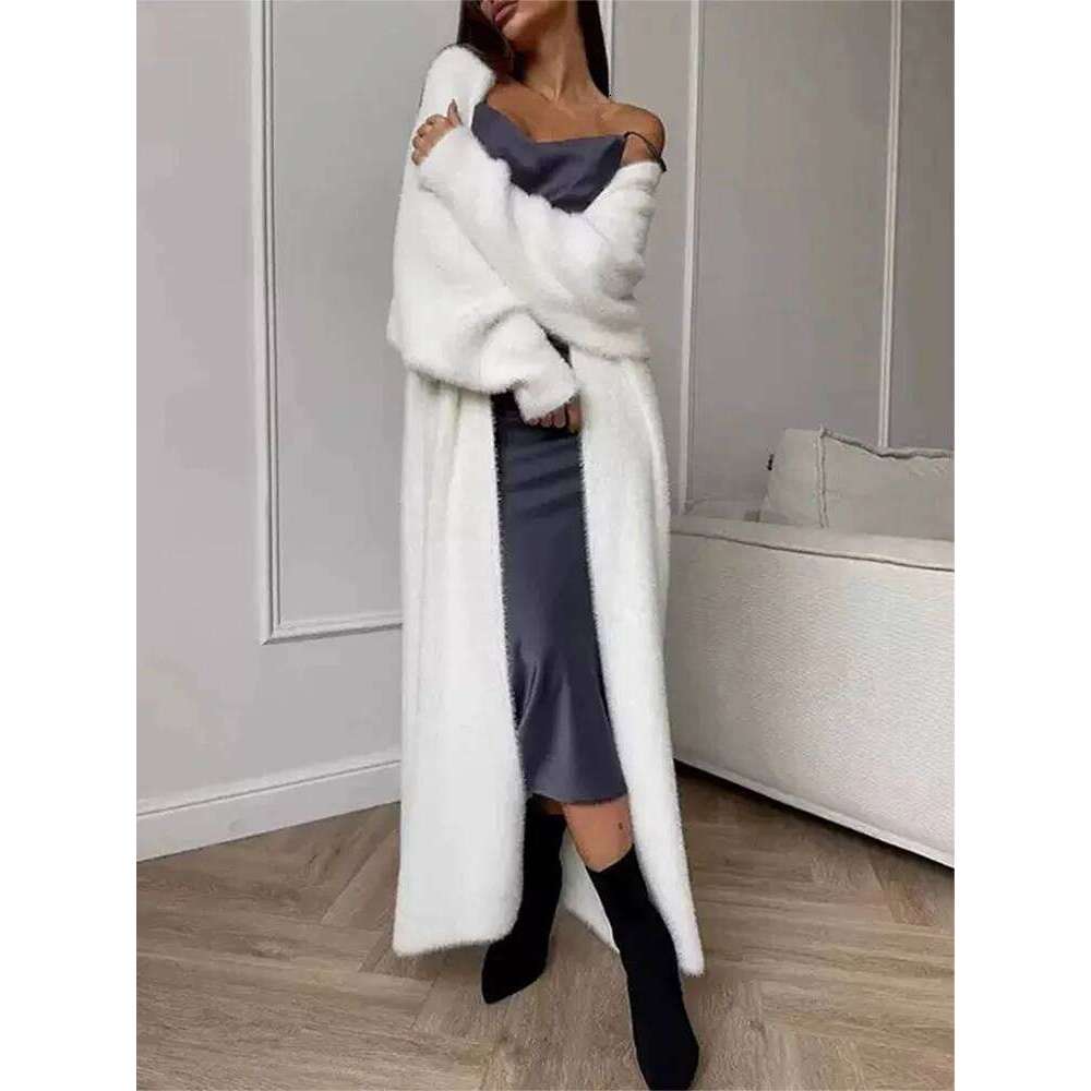 2026 Autumn Winter Women Faux Mink Fur Long Cardigan Loose Plush Fluffy Knitted Coat White Thick Warm Soft Outerwear MAKOUFEI
