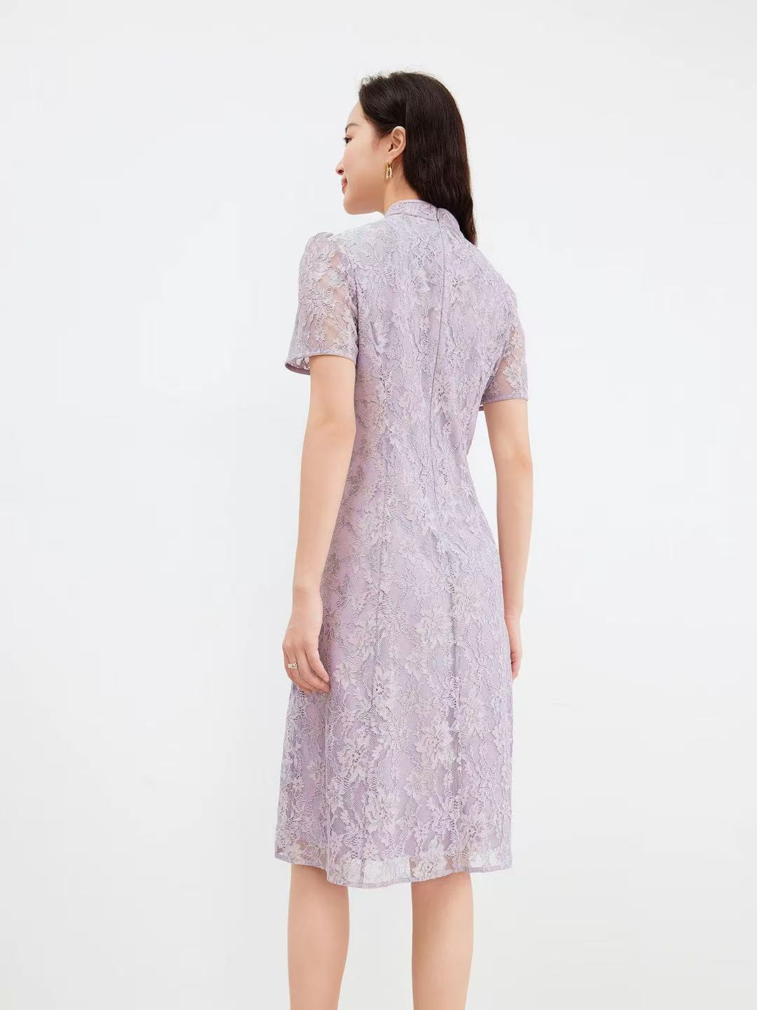 Light Purple Womens Elegant Lace-Stand Collar Summer Dress with Slender Fit