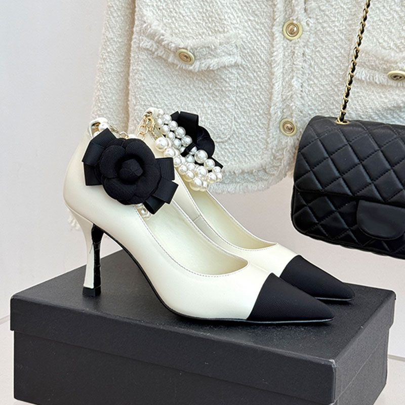 Designer Women Blocked Pearl High Heels Luxury Ladies Black White Color Blocked Pointed Shoes Classic Leather High Heels Size 35 41