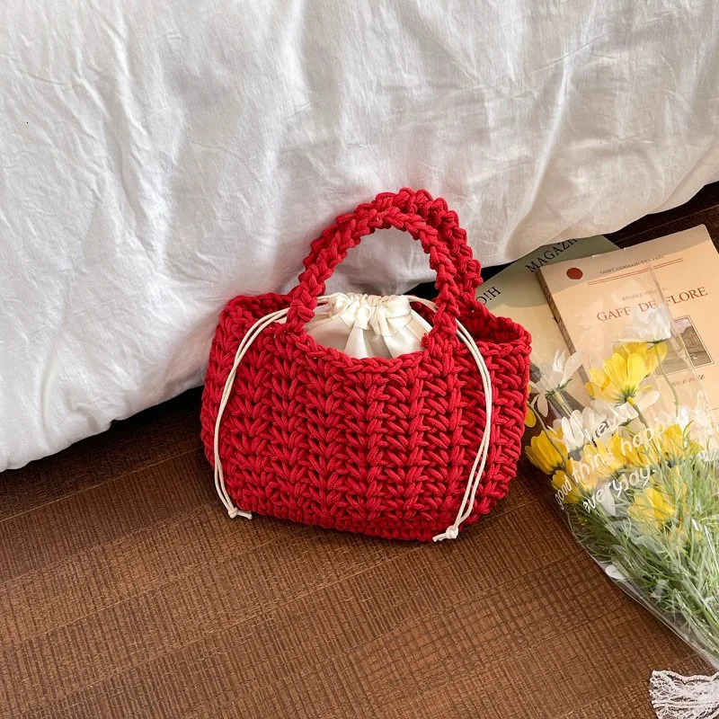 Chunky Red Knit Tote Bag Handmade Crochet Handbag with Drawstring Lining Casual Mini Shoulder Bag for Daily Use 260410
