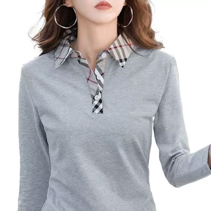 Women's Solid Color Long-Sleeved Plaid Collar POLO Shirt, Fashionable And Casual Everyday Wear Knitted Tops. DREAM RECALL