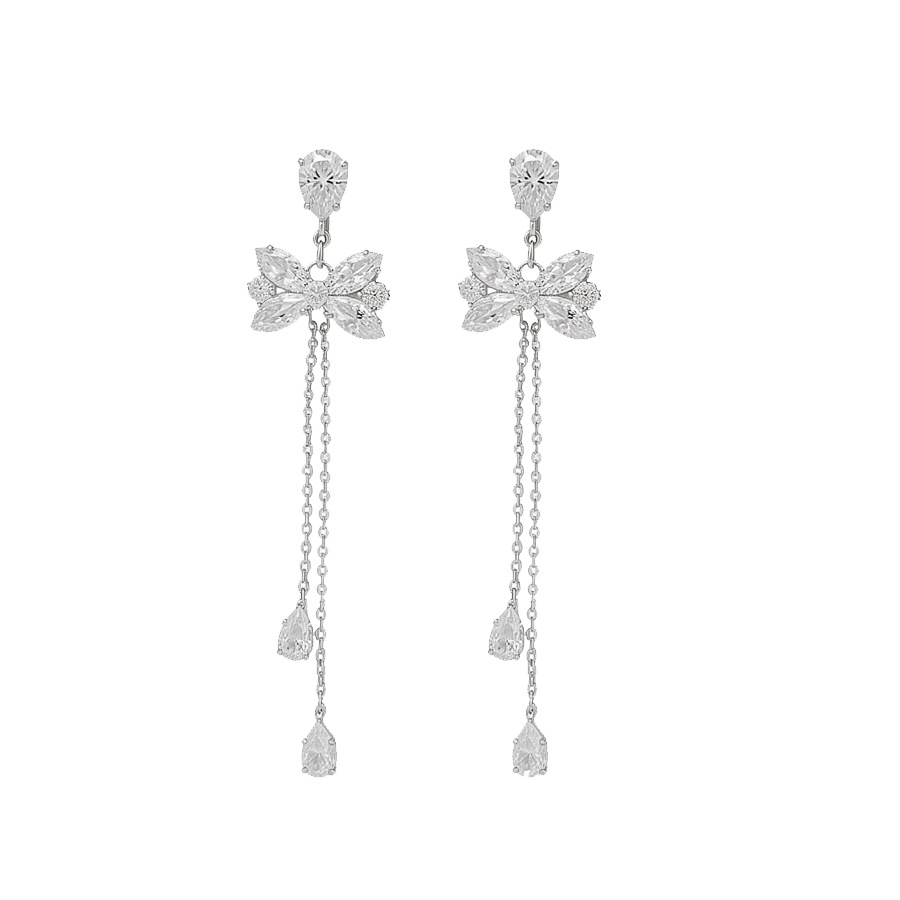 Silver Needle European American Style Sparkling Zircon Butterfly Tassel Luxurious and Sophisticated Stud Earrings, Popular Versatile Elegant Dangle Ea - view 9