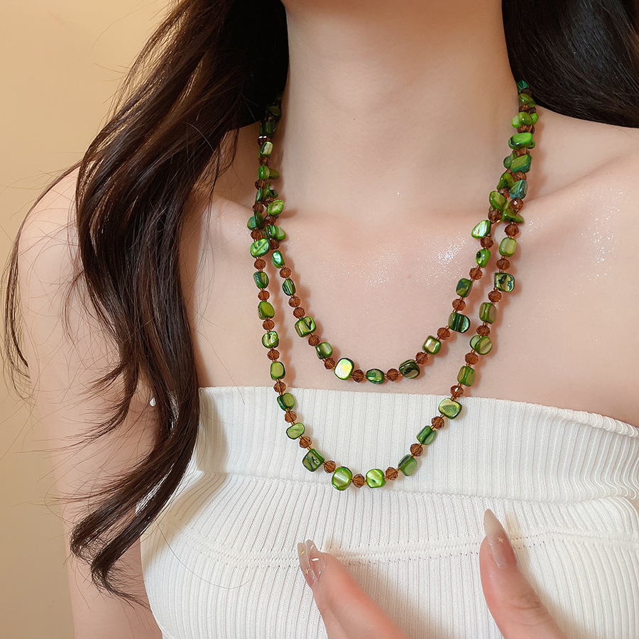 Bohemian green natural shell necklace with unique design, vintage layered collarbone chain, a fresh summer accessory - view 6