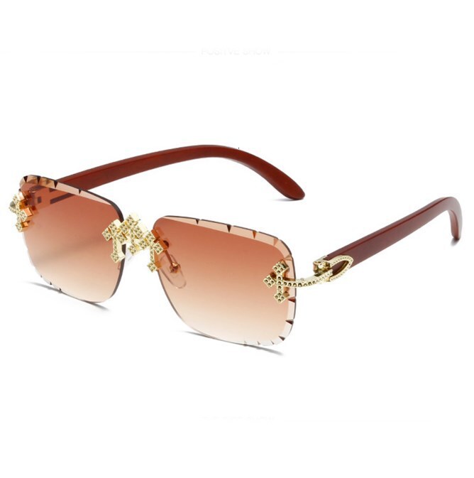 2026 New Designers' Full-diamond Cross Frameless Sun Glasses - Old-fashioned Money Style Eyeglasses - Outdoor Beach Wood Grain Texture Frame Legs