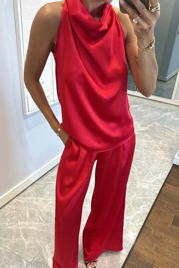 Casual Satin 2 Piece Set Spring Summer Fashion Solid Color Sleeveless Grown-on Collar Top Elastic Waist Wide Leg Pants Suit 260410 - view 3