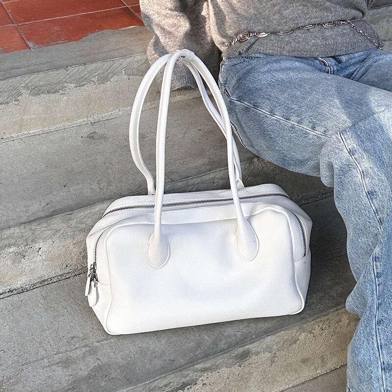 2026 New Boston Underarm Bag Retro Bowling Bag Genuine Leather Large Capacity Tote Bag Casual Versatile Commute Shoulder Bag For Women SENYY