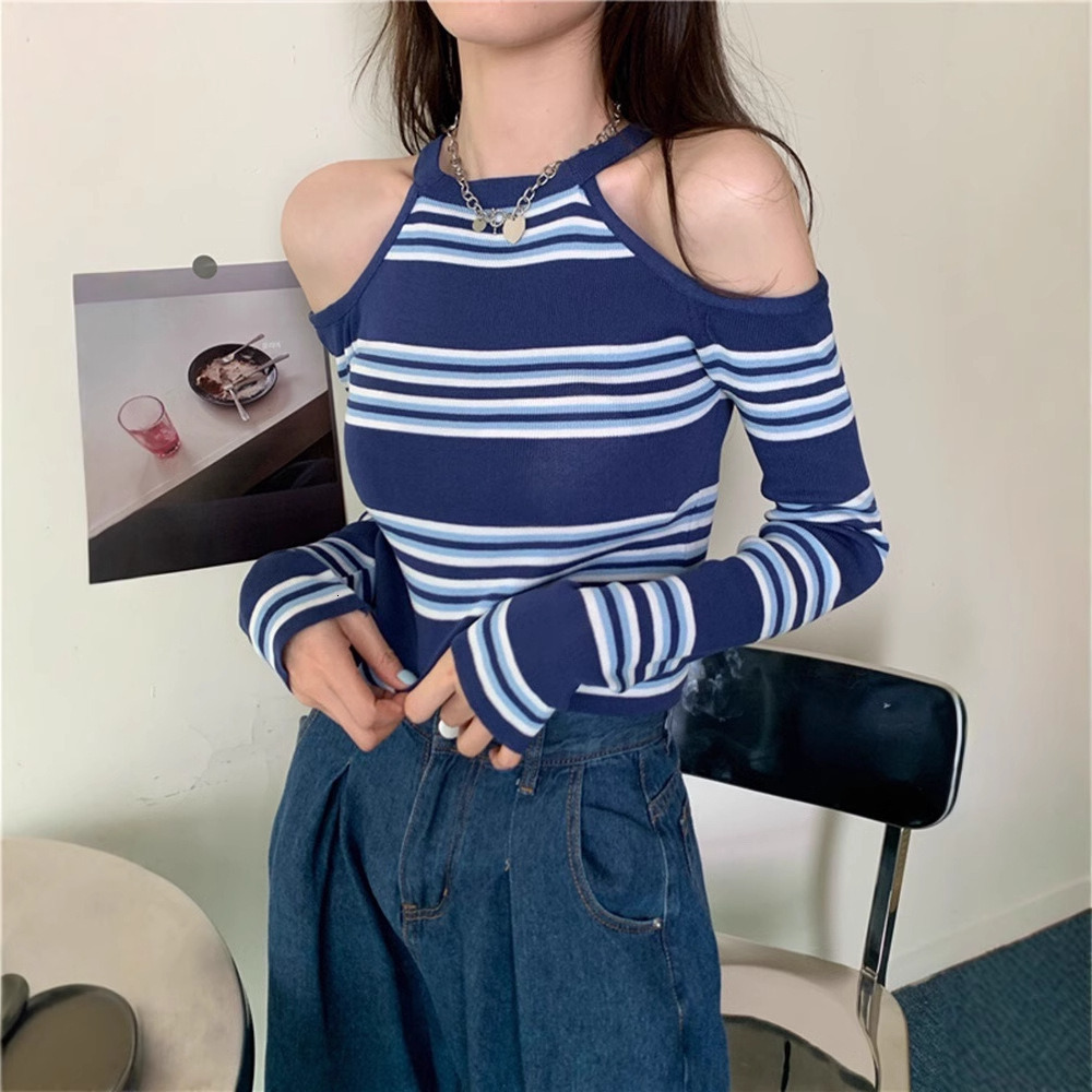 New Spring Collection Women's Knitted Shirt, Internet Famous, Popular, Hanging Neck, Off Shoulder, Striped Long Sleeve, Inner Undercover, Top