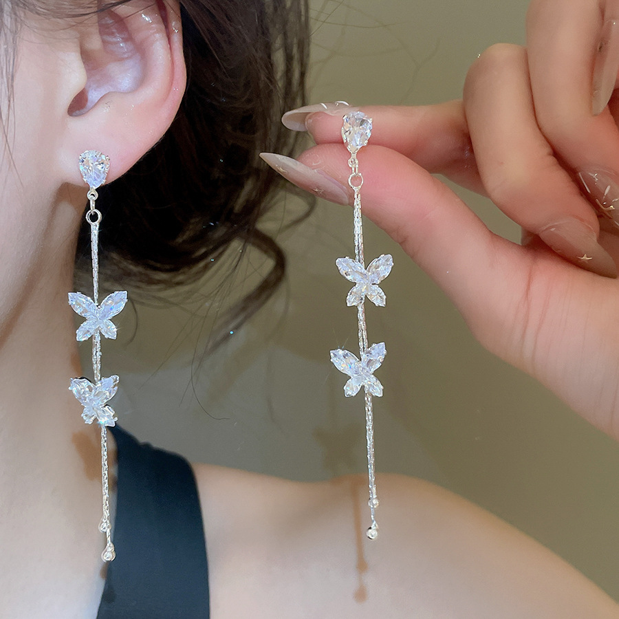 Silver Needle European American Style Sparkling Zircon Butterfly Tassel Luxurious and Sophisticated Stud Earrings, Popular Versatile Elegant Dangle Ea - view 3