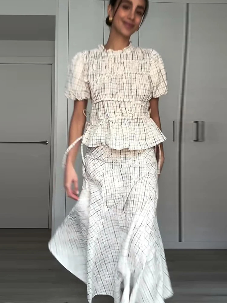 Plaid Embroidered Bow Decor Two-Piece Set Puff Sleeve Ruched Waist 2026 Spring Elegant Women Skirt Set Sweet Casual Lady Outfit 260413