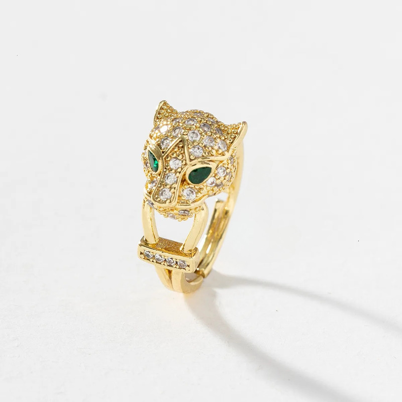 Designer Luxury Designer Leopard Head Ring For Men Women, European American Style Copper Gold Plated Zircon Inlaid Open Adjustable Hip Hop Jewelry Gif