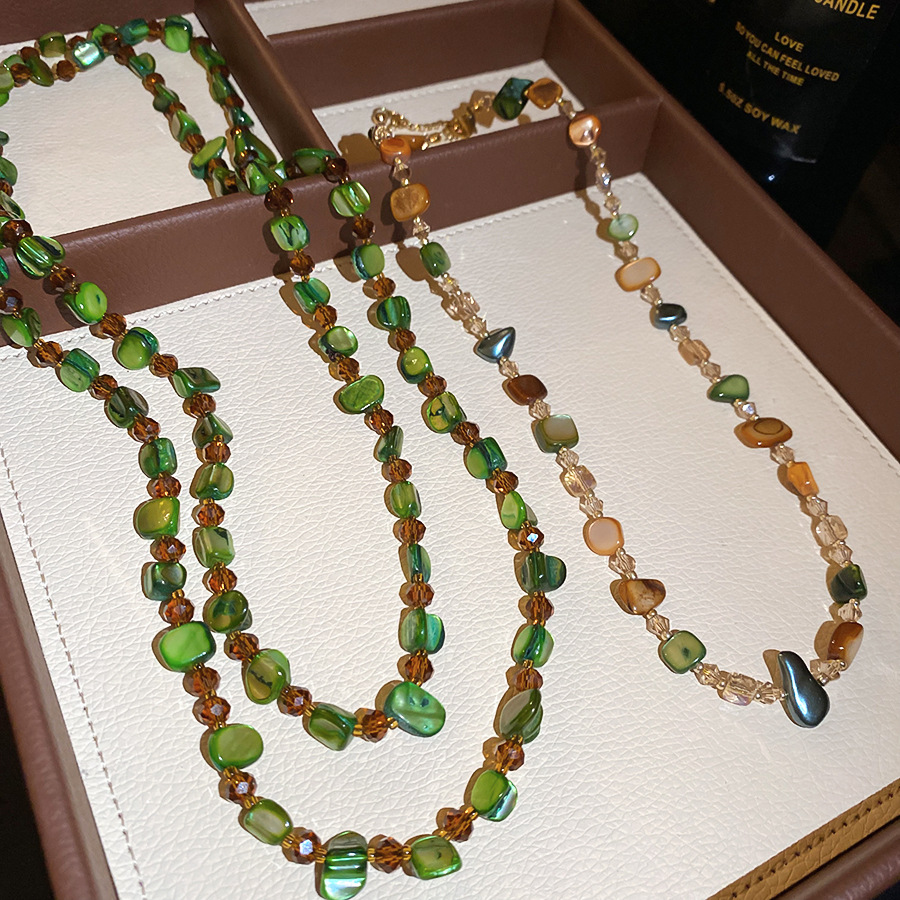 Bohemian green natural shell necklace with unique design, vintage layered collarbone chain, a fresh summer accessory - view 3