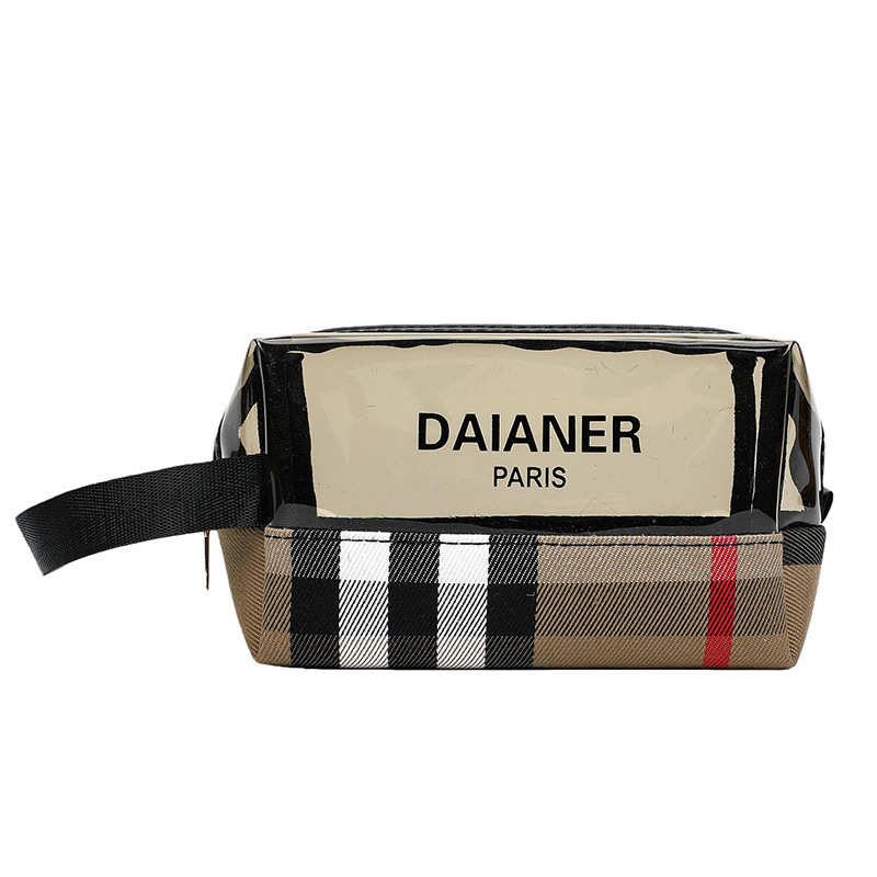 Free Shipping New Fashion Plaid Letter Design Cosmetic Bag Portable Large Capacity Transparent Toiletry Bag Storage Pouch