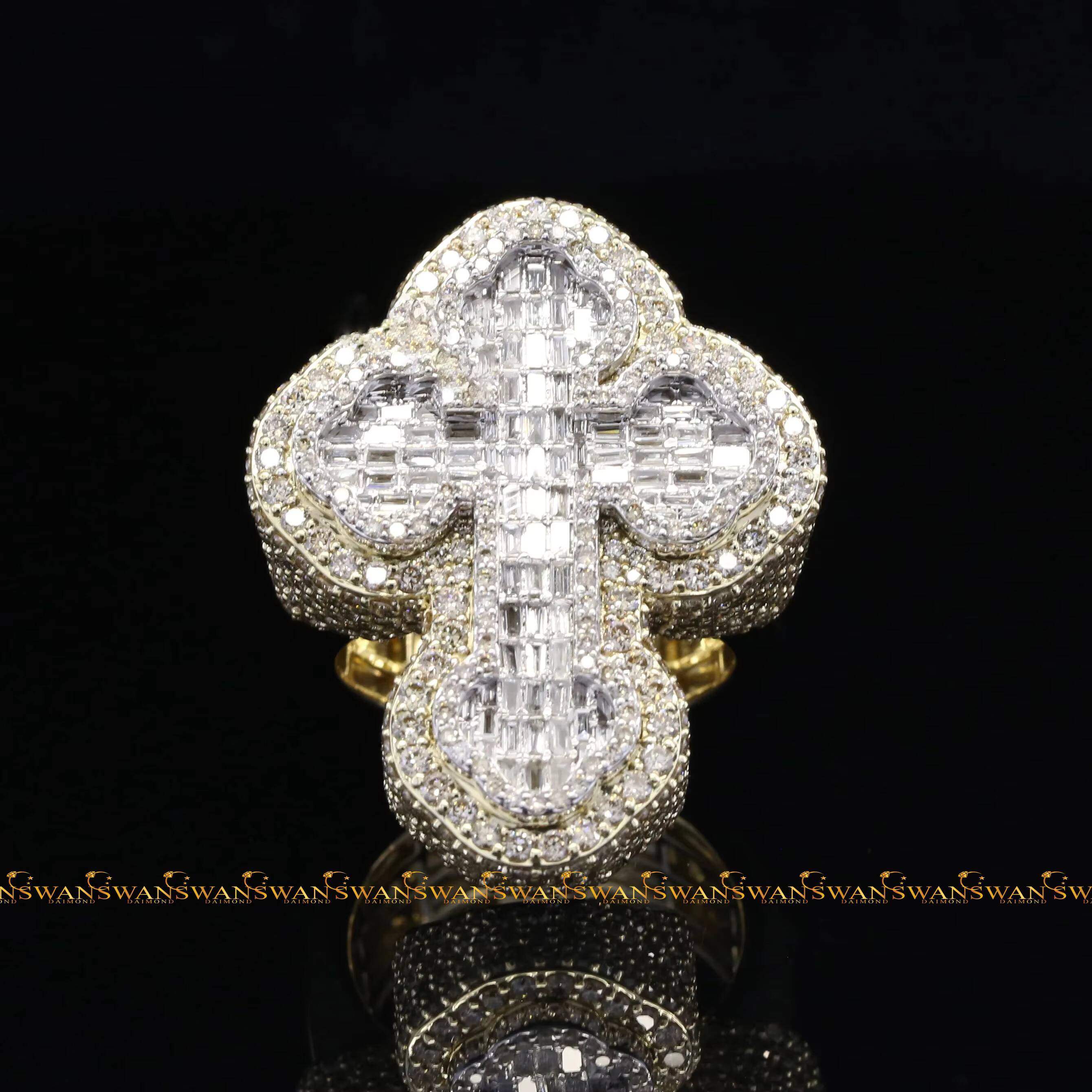 Fancy Iced Out Hip Hop Jesus Cross Wedding Ring with Lab Grown Diamonds in Brilliant Baguette Cut IGI Certified 14kt Yellow Gold