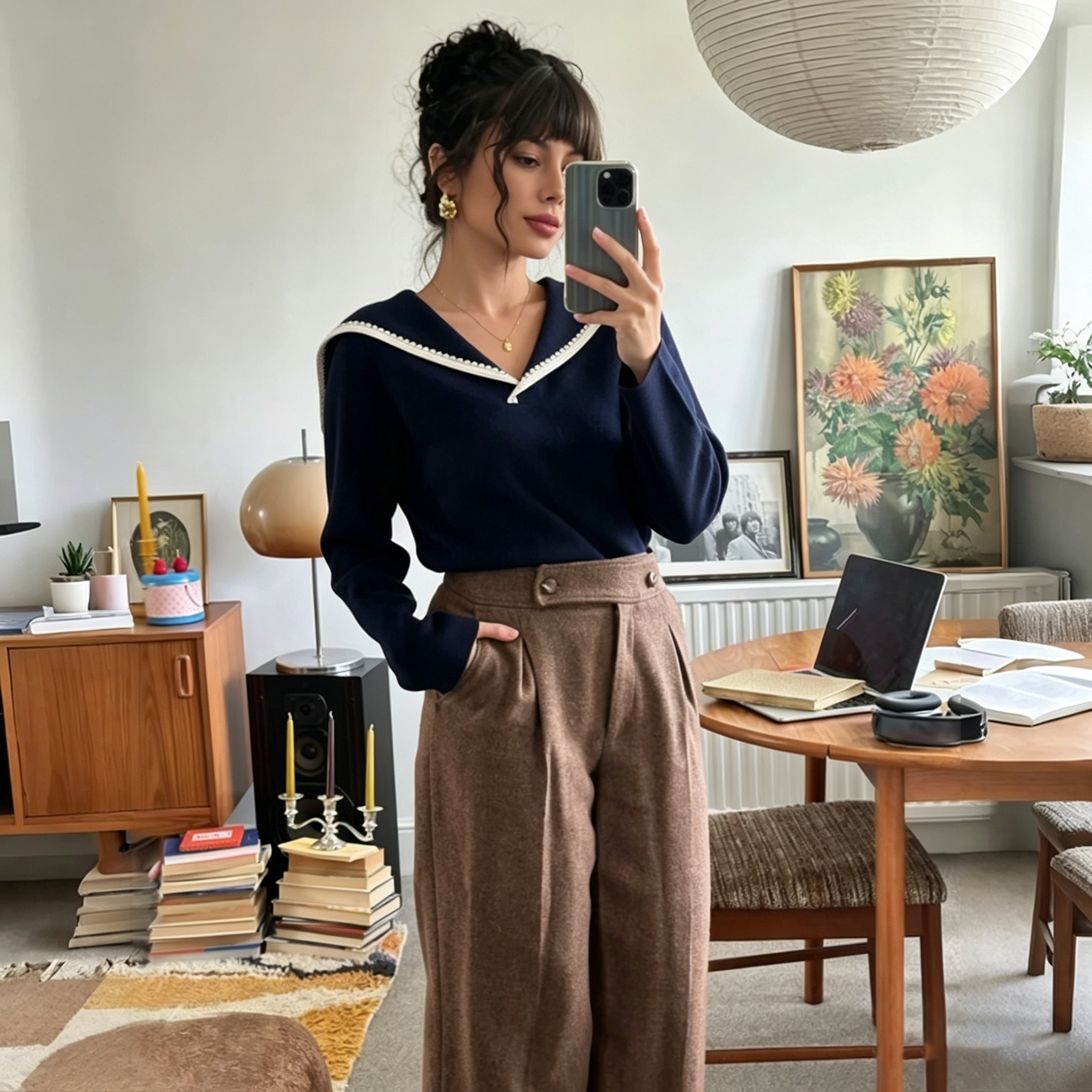 Women's Sweaters Fashion Autumn Winter Knitted Sweater Dark Blue Long Sleeve Slim Fit Elegant Lady Crochet Trim Sailor Collar Pullover