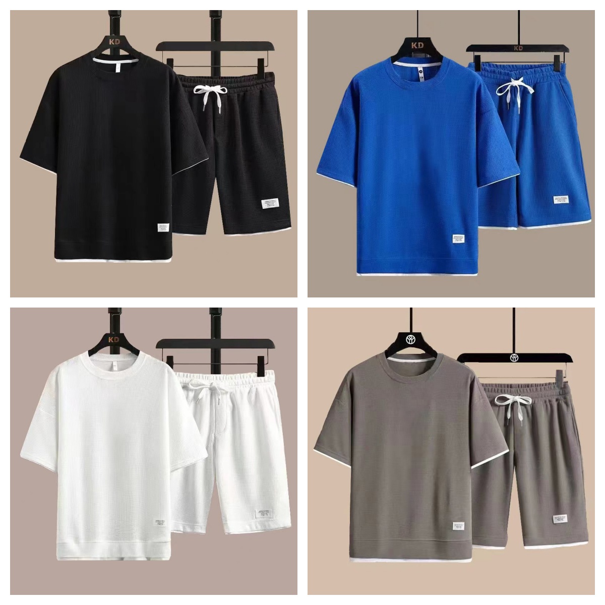 Men's Sports Set Casual T-Shirt Fashion Shorts Set Waffle Solid Color Short-sleeve Shorts Two Sets Tracksuit Loose Suits