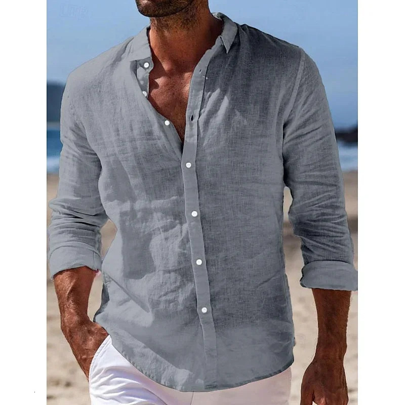Collared shirt 2025 new summer mens casual cotton-linen long-sleeve shirt240724 - view 3